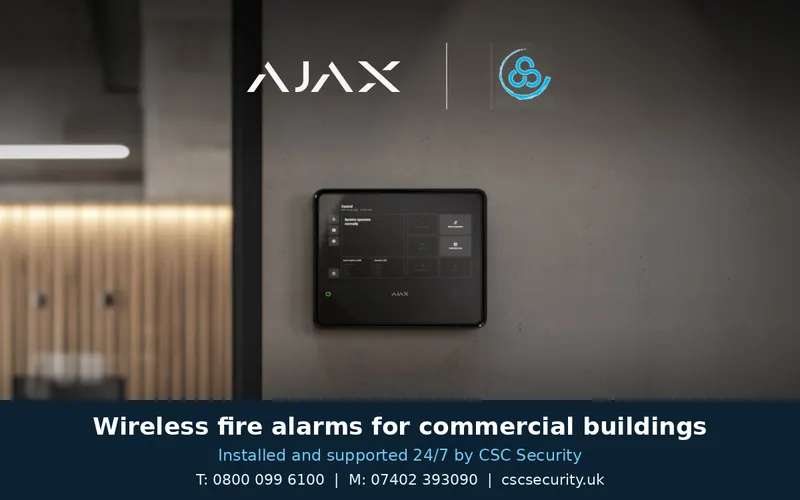 Ajax EN54 Fire Hub touchscreen control panel on a wall, with Ajax and CSC Security logos